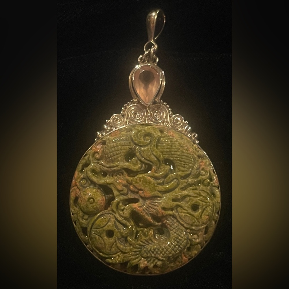 Vintage, Offerings by Sajen Carved Jasper Dragon Pendant in Sterling Silver